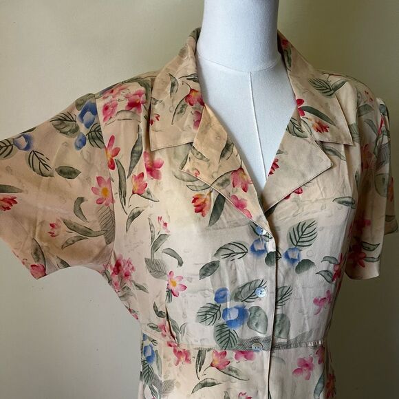 Vintage Cottagecore Floral Maxi Dress 100% Silk Button Front Tie Waist Large - Picture 3 of 8